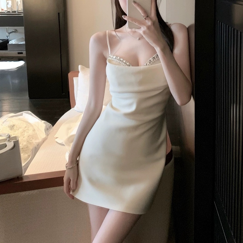 Elegant White Mini Dress with Pearl Detailing - Chic Party Dress
